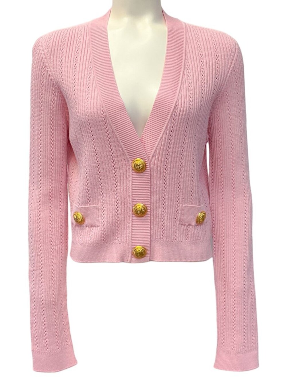 Balmain Pink Ribbed Knit V Neck Cardigan with Gold Buttons